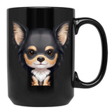 Black Tan Long-Haired Chihuahua Black Coffee Mug, Gift Coffee Mug