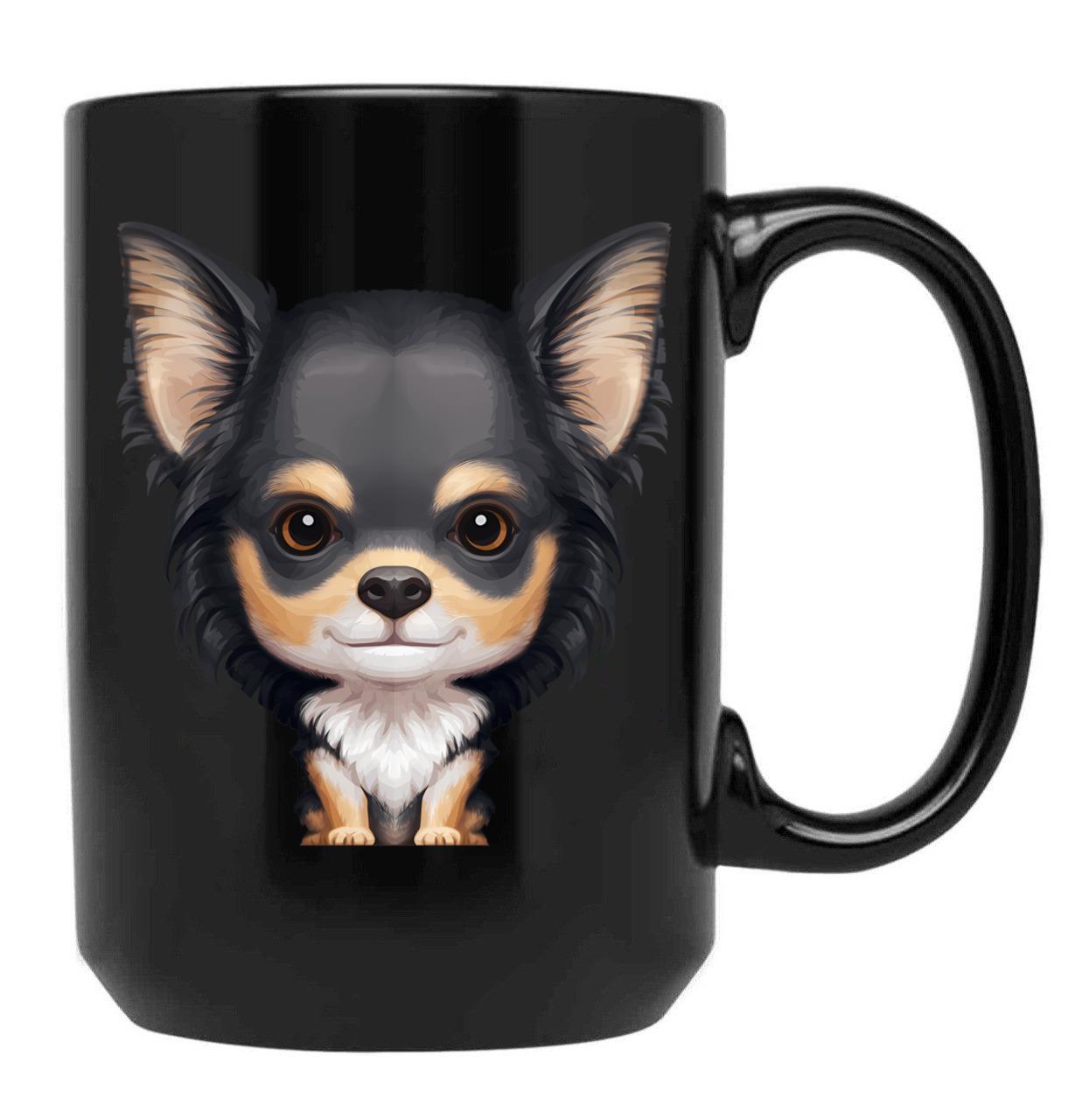 Black Tan Long-Haired Chihuahua Black Coffee Mug, Gift Coffee Mug