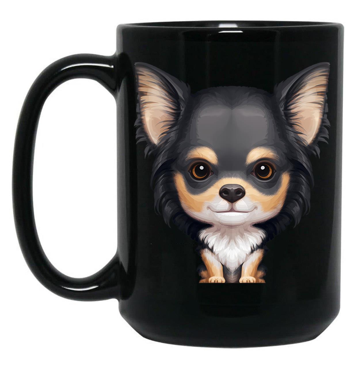 Black Tan Long-Haired Chihuahua Black Coffee Mug, Gift Coffee Mug