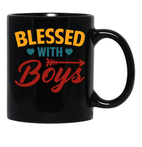 Blessed With Boys Mom Quote Blessed Mom Black Coffee Mug, Gift Coffee Mug - Black