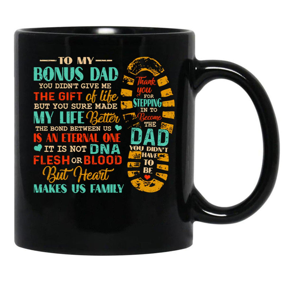Bonus Dad Fathers Day From Stepdad For Daughter Son Black Coffee Mug - Black