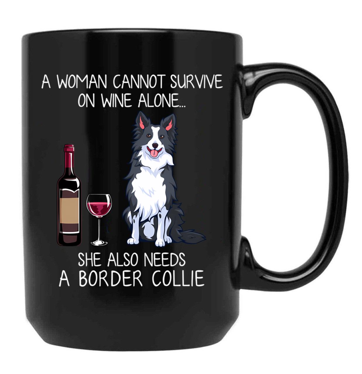 Border Collie And Wine Funny Dog Black Coffee Mug, Gift Coffee Mug