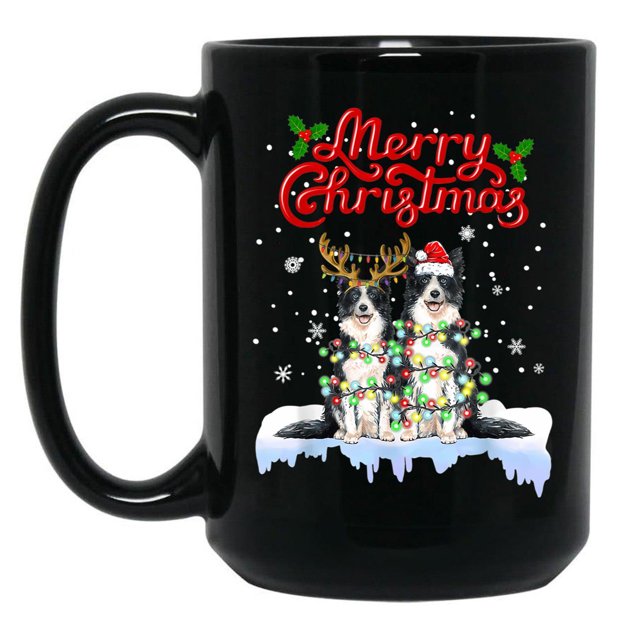 Border Collie Christmas Lights Funny Dog Matching Family Black Coffee Mug, Gift Coffee Mug