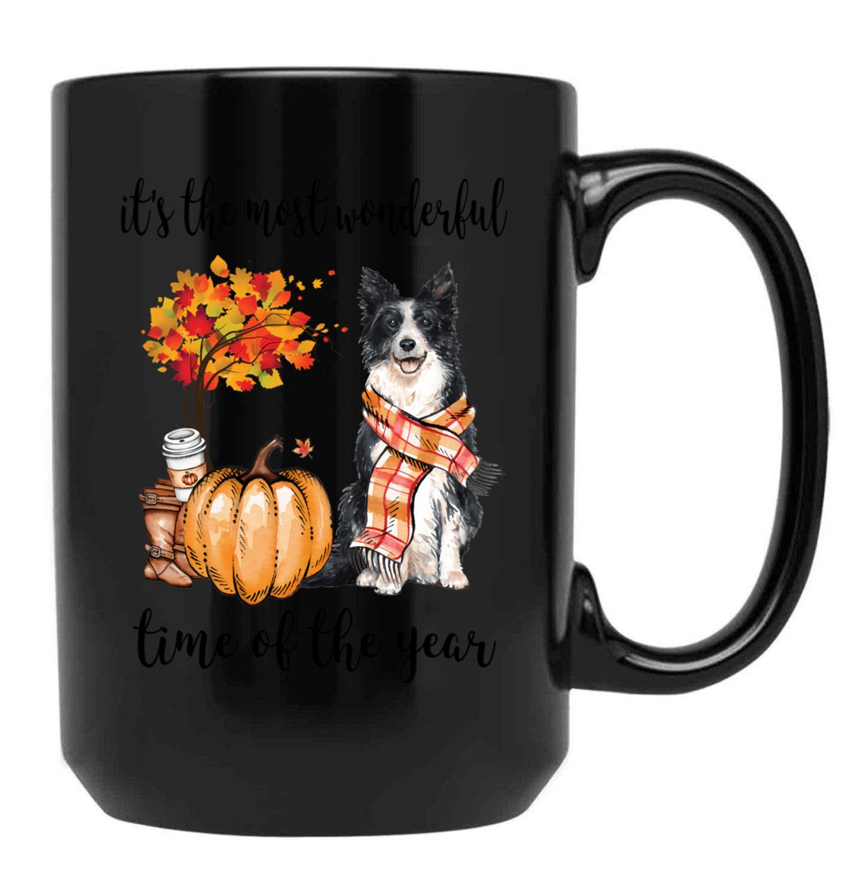 Border Collie Dog And Autumn Black Coffee Mug, Gift Coffee Mug