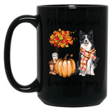 Border Collie Dog And Autumn Black Coffee Mug, Gift Coffee Mug