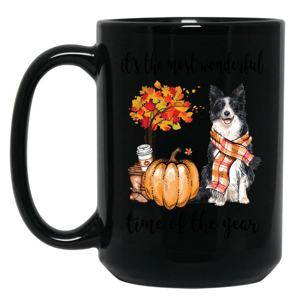 Border Collie Dog And Autumn Black Coffee Mug, Gift Coffee Mug