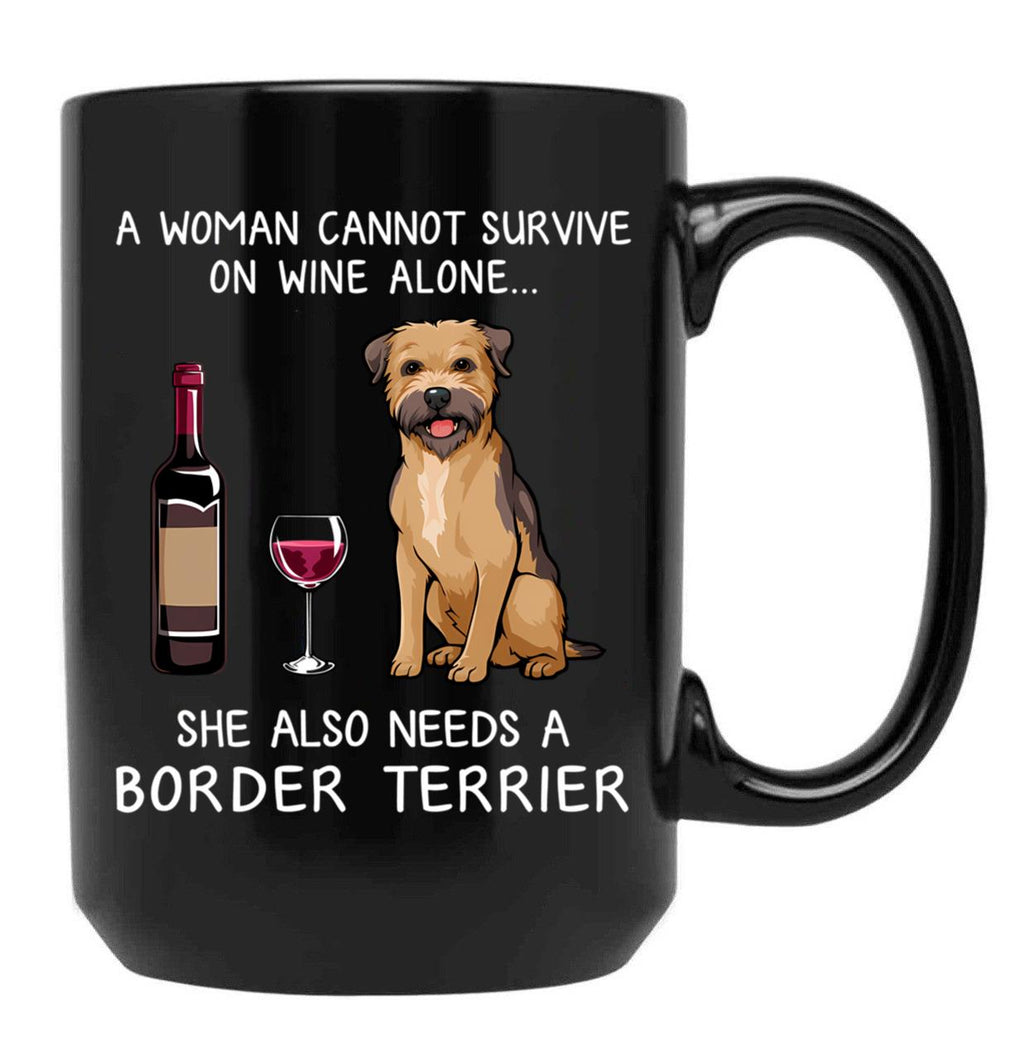 Border Terrier And Wine Funny Dog Black Coffee Mug, Gift Coffee Mug