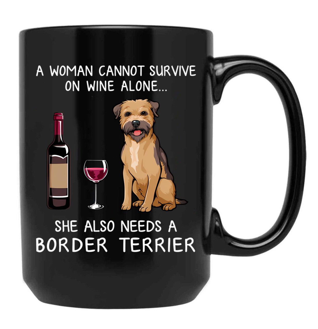 Border Terrier And Wine Funny Dog Black Coffee Mug, Gift Coffee Mug
