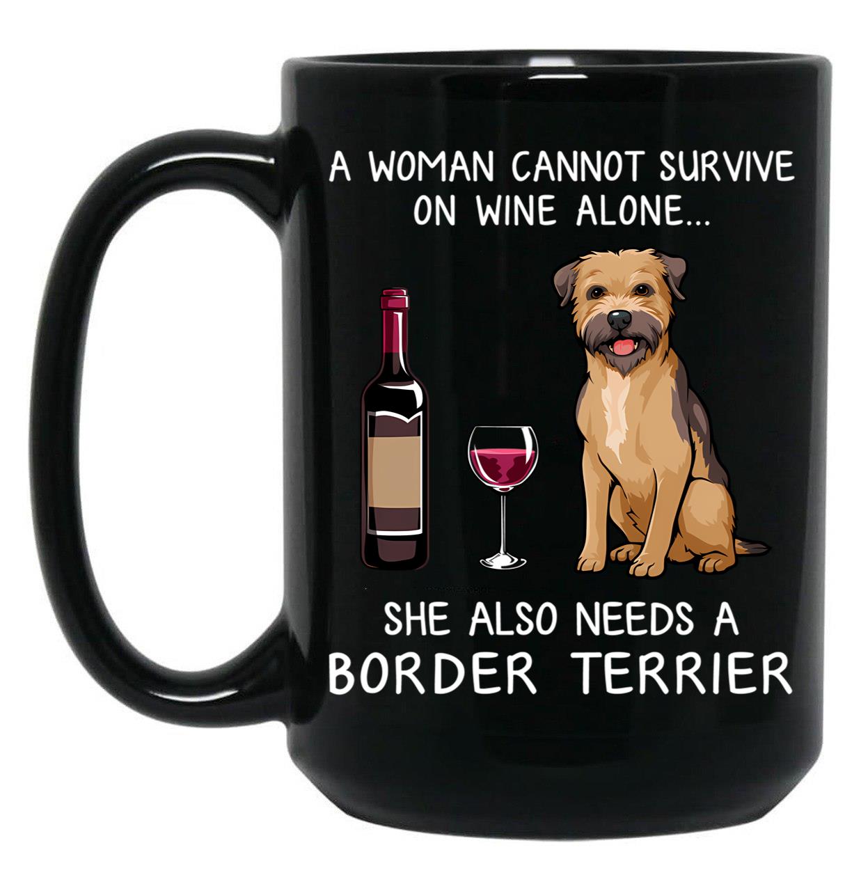 Border Terrier And Wine Funny Dog Black Coffee Mug, Gift Coffee Mug