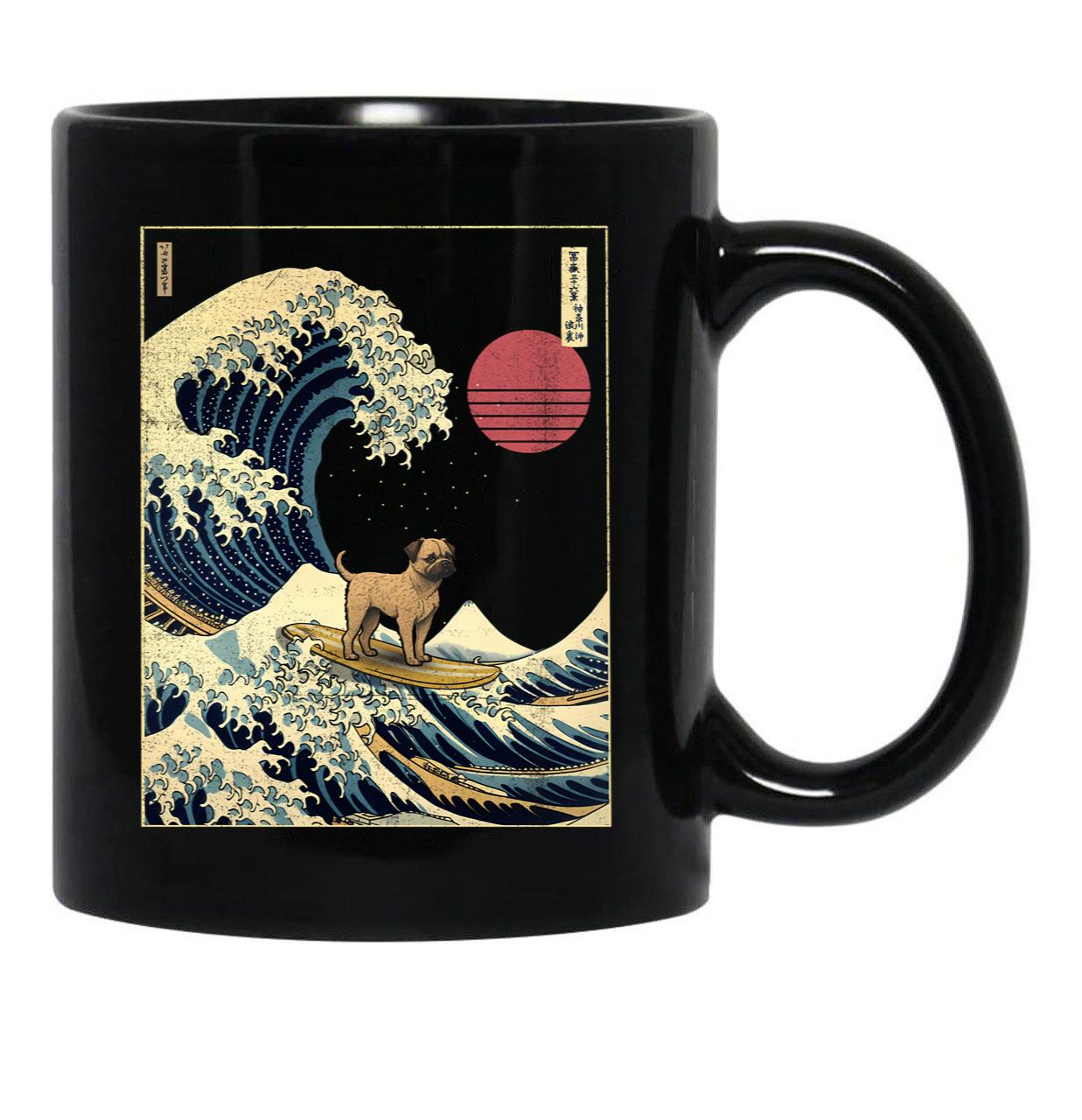 Border Terrier Kanagawa Japanese Surfing Wave Black Coffee Mug, Gift Coffee Mug - Black