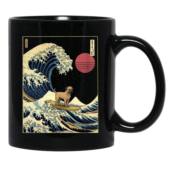 Border Terrier Kanagawa Japanese Surfing Wave Black Coffee Mug, Gift Coffee Mug - Black