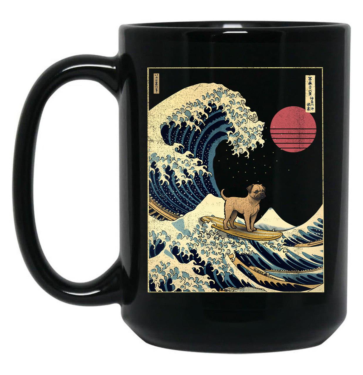 Border Terrier Kanagawa Japanese Surfing Wave Black Coffee Mug, Gift Coffee Mug