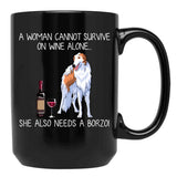 Borzoi And Wine Funny Dog Black Coffee Mug, Gift Coffee Mug