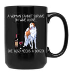 Borzoi And Wine Funny Dog Black Coffee Mug, Gift Coffee Mug