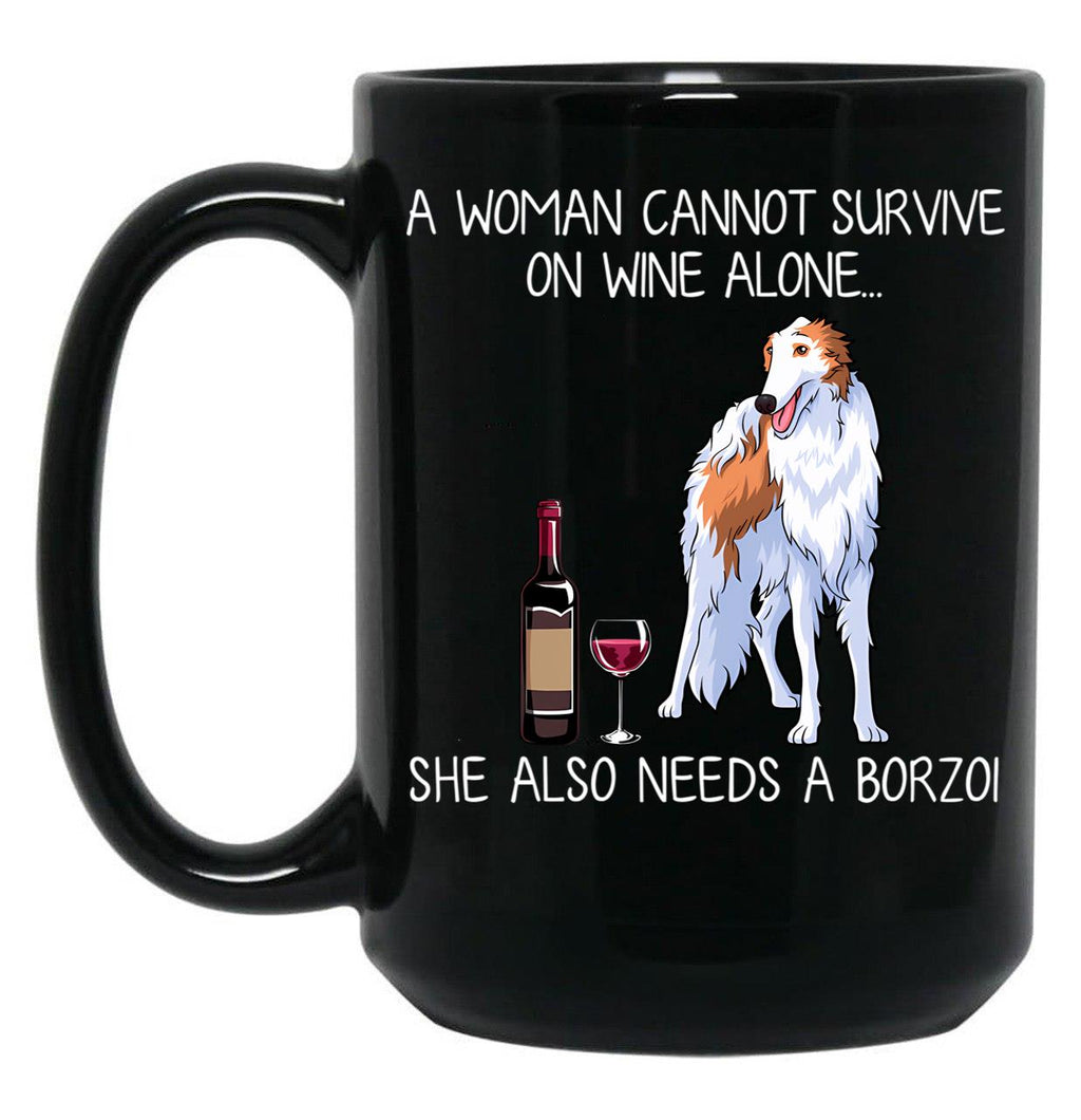 Borzoi And Wine Funny Dog Black Coffee Mug, Gift Coffee Mug