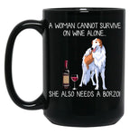 Borzoi And Wine Funny Dog Black Coffee Mug, Gift Coffee Mug