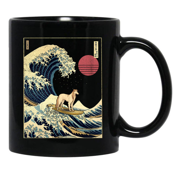 Borzoi Kanagawa Japanese Surfing Wave Black Coffee Mug, Gift Coffee Mug - Black