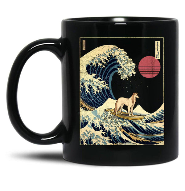 Borzoi Kanagawa Japanese Surfing Wave Black Coffee Mug, Gift Coffee Mug - Black
