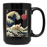 Borzoi Kanagawa Japanese Surfing Wave Black Coffee Mug, Gift Coffee Mug