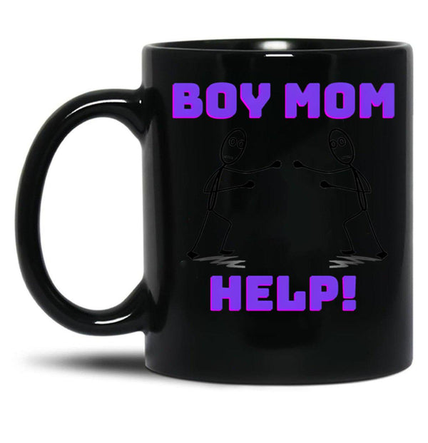 Boy Mom Help Graphic Black Coffee Mug, Gift Coffee Mug - Black