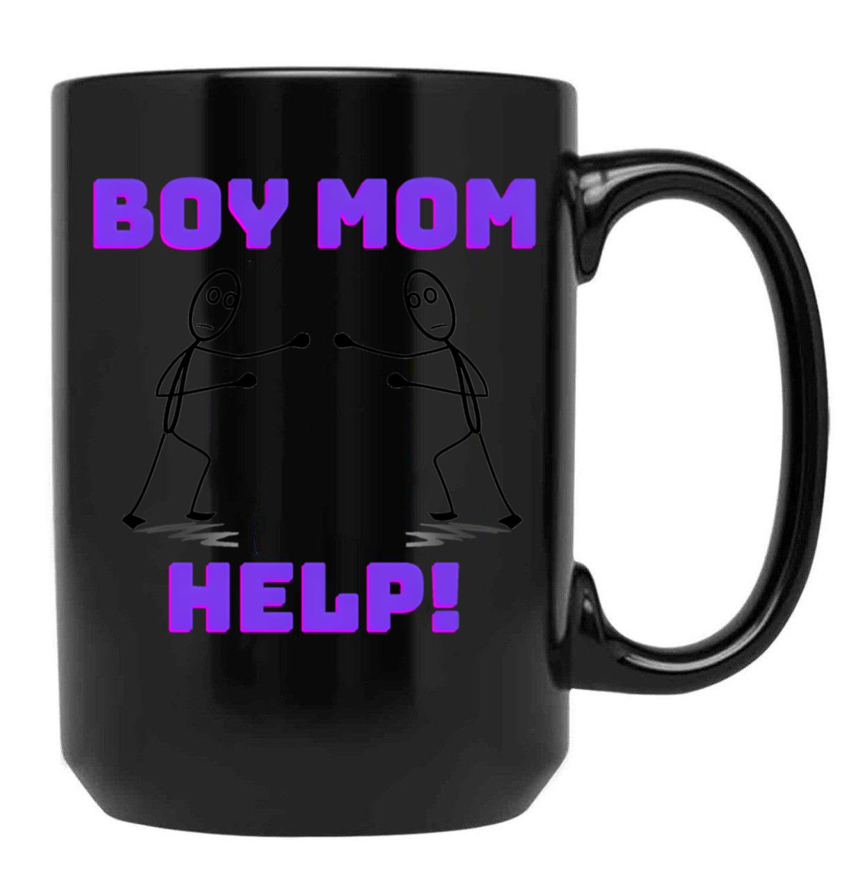 Boy Mom Help Graphic Black Coffee Mug, Gift Coffee Mug
