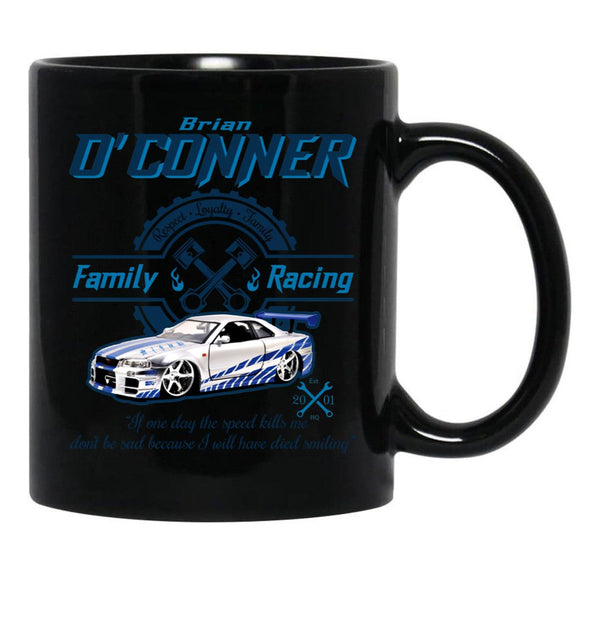 Brian O'Conner Family Racing Fast and Furious Tribute LTS Black Coffee Mug, Gift Coffee Mug - Black