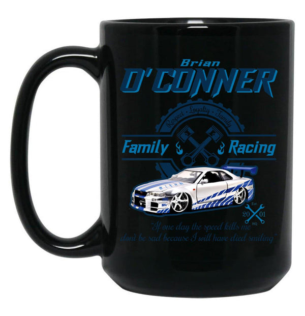 Brian O'Conner Family Racing Fast and Furious Tribute LTS Black Coffee Mug, Gift Coffee Mug - Black