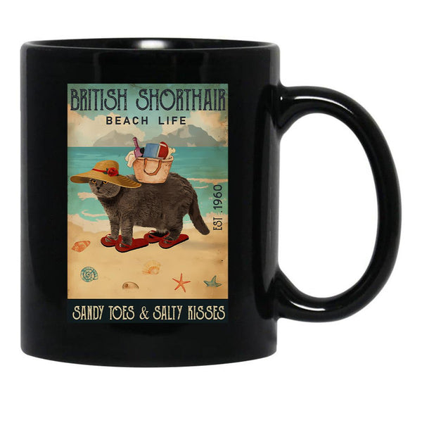 British Shorthair Cat Gift Beach Life Sandy Toes Black Coffee Mug, Gift Coffee Mug - Black