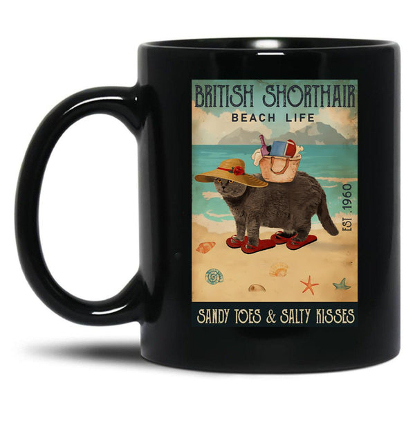 British Shorthair Cat Gift Beach Life Sandy Toes Black Coffee Mug, Gift Coffee Mug - Black