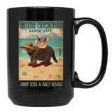 British Shorthair Cat Gift Beach Life Sandy Toes Black Coffee Mug, Gift Coffee Mug