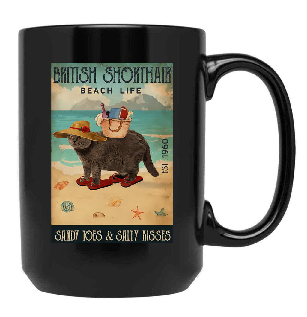 British Shorthair Cat Gift Beach Life Sandy Toes Black Coffee Mug, Gift Coffee Mug