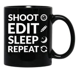 Camera Shoot Edit Sleep Repeat For Cinema Lover Black Coffee Mug, Gift Coffee Mug - Black