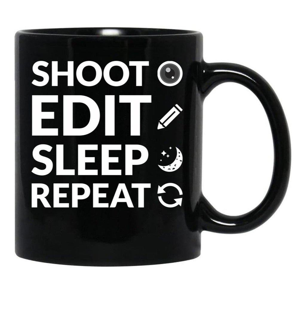 Camera Shoot Edit Sleep Repeat For Cinema Lover Black Coffee Mug, Gift Coffee Mug - Black