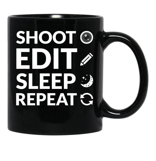 Camera Shoot Edit Sleep Repeat For Cinema Lover Black Coffee Mug, Gift Coffee Mug - Black