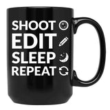 Camera Shoot Edit Sleep Repeat For Cinema Lover Black Coffee Mug, Gift Coffee Mug