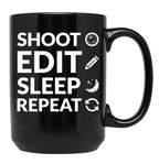 Camera Shoot Edit Sleep Repeat For Cinema Lover Black Coffee Mug, Gift Coffee Mug