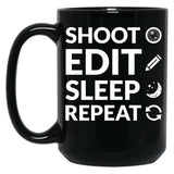 Camera Shoot Edit Sleep Repeat For Cinema Lover Black Coffee Mug, Gift Coffee Mug