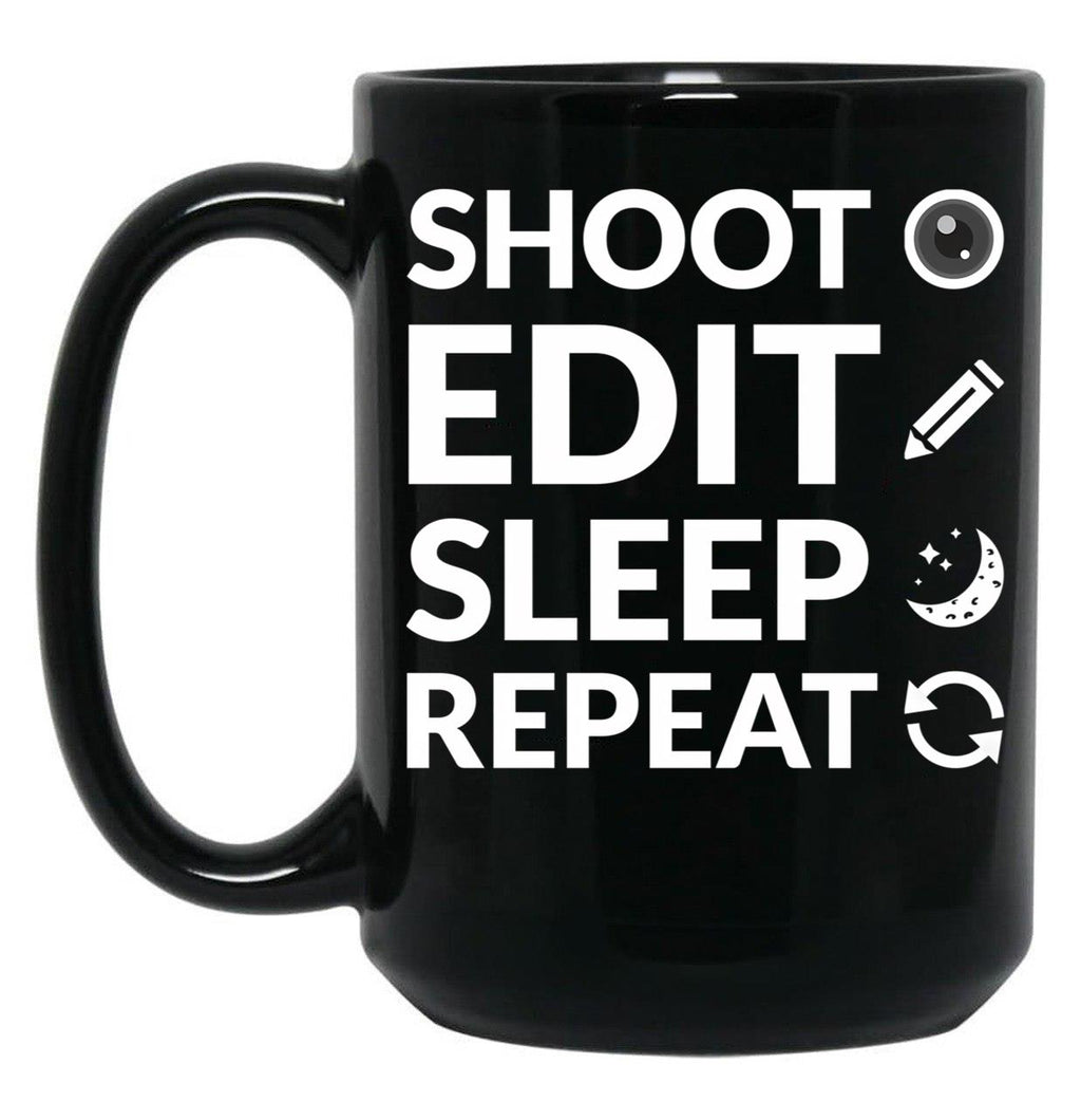 Camera Shoot Edit Sleep Repeat For Cinema Lover Black Coffee Mug, Gift Coffee Mug