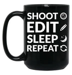 Camera Shoot Edit Sleep Repeat For Cinema Lover Black Coffee Mug, Gift Coffee Mug