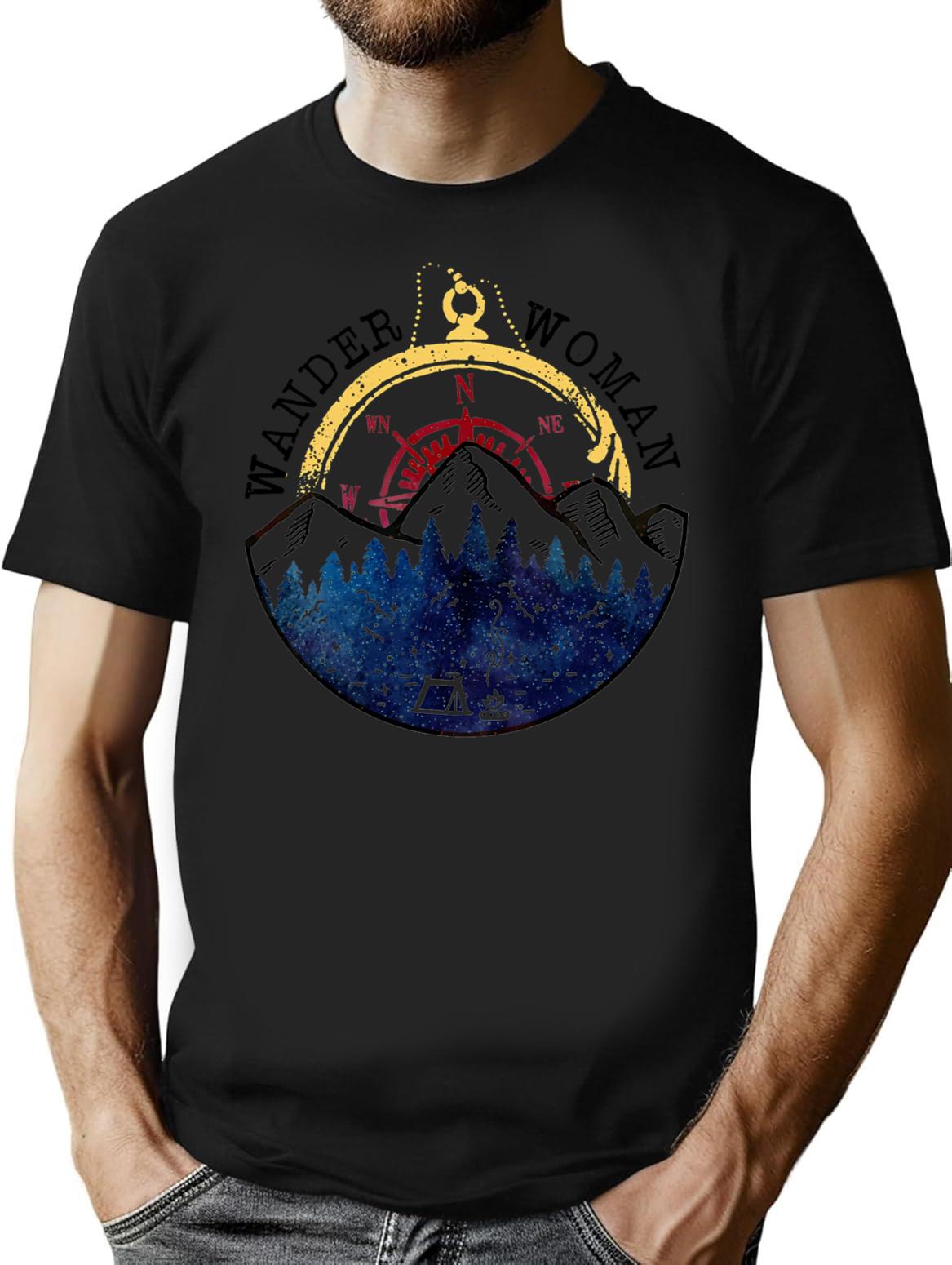 Camping Wander Woman Hiking Vintage T-Shirt for Men & Women, T-Shirts Graphic Tee - Black