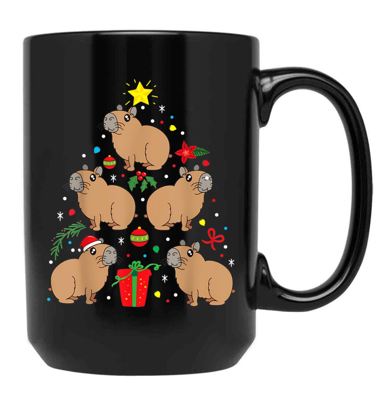 Capybara Christmas Ornament Tree Funny Dad Mom Gift Black Coffee Mug, Gift Coffee Mug