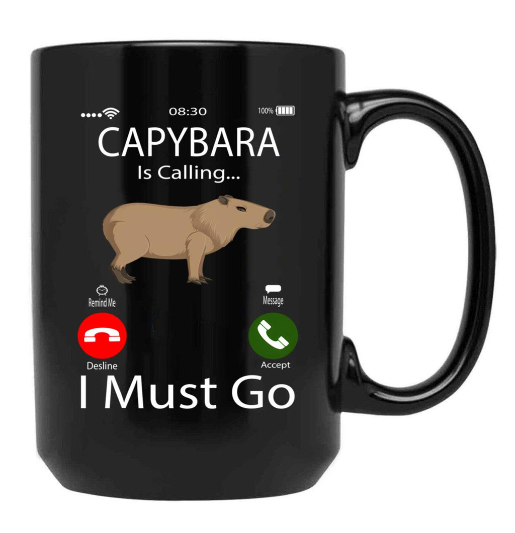 Capybara Is Calling I Must Go Black Coffee Mug, Gift Coffee Mug