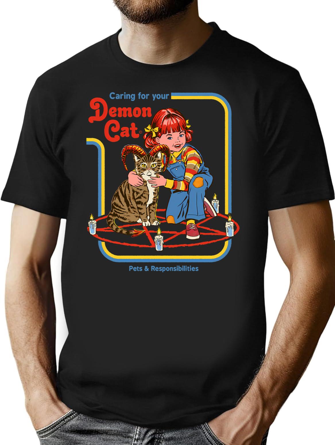 Caring For Your Demon Cat T-Shirt for Men & Women, T-Shirts Graphic Tee - Black