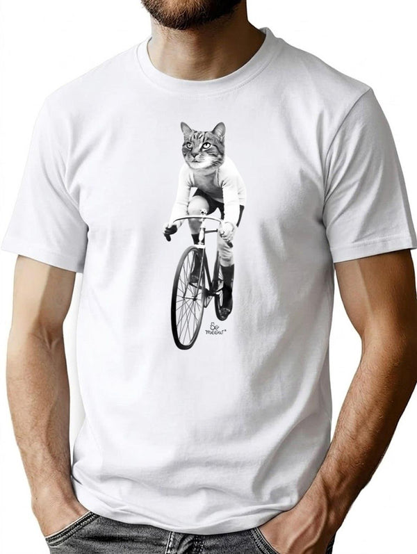 Cat On Bike - Vintage Black And White T-Shirt for Men & Women, T-Shirts Graphic Tee - White