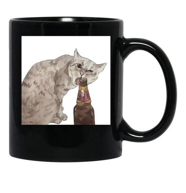 Cat Opening Beer Bottle Meme Black Coffee Mug, Gift Coffee Mug - Black
