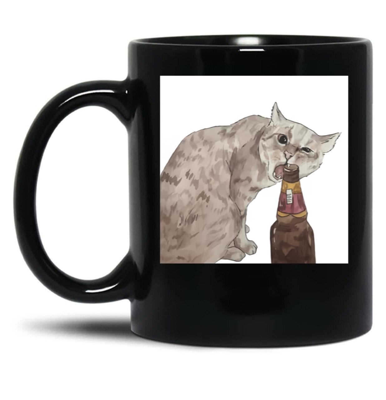 Cat Opening Beer Bottle Meme Black Coffee Mug, Gift Coffee Mug