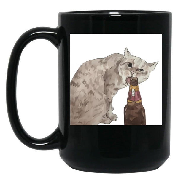 Cat Opening Beer Bottle Meme Black Coffee Mug, Gift Coffee Mug - Black
