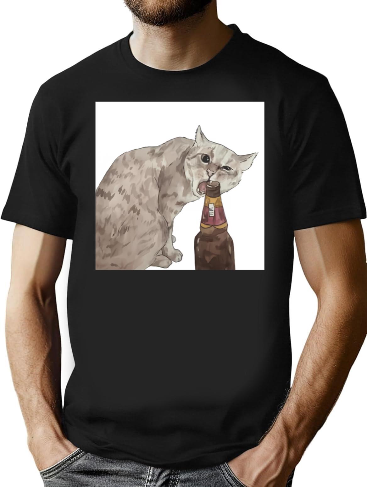 Cat Opening Beer Bottle Meme Premium Heavyweight Cotton T-Shirt - Black
