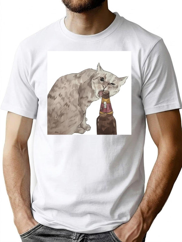 Cat Opening Beer Bottle Meme Premium Heavyweight Cotton T-Shirt - White