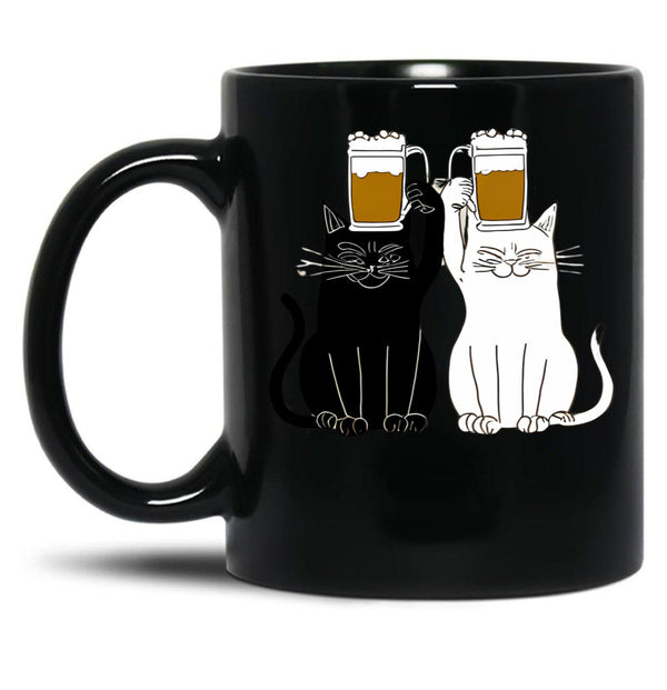 Cats Cheers With Beers - Funny Cat Drawing Black Coffee Mug, Gift Coffee Mug - Black